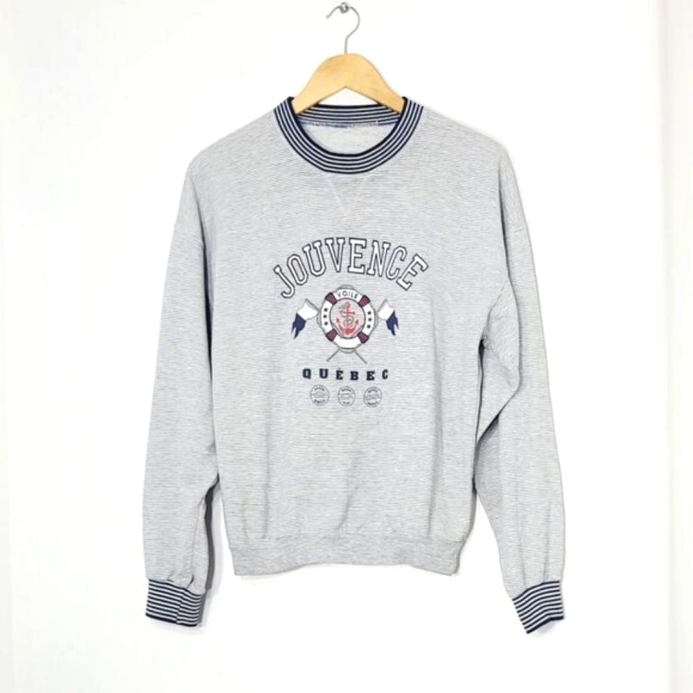 Voile Vintage Navy Blue Gray Striped Jouvence Québec Crewneck Casual Sweatshirt